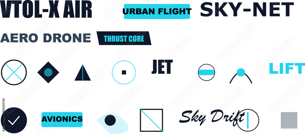 Fototapeta premium Abstract Vector Logos, Icons, Text for Future VTOL, Drone, Urban Air Mobility Technology Concepts.