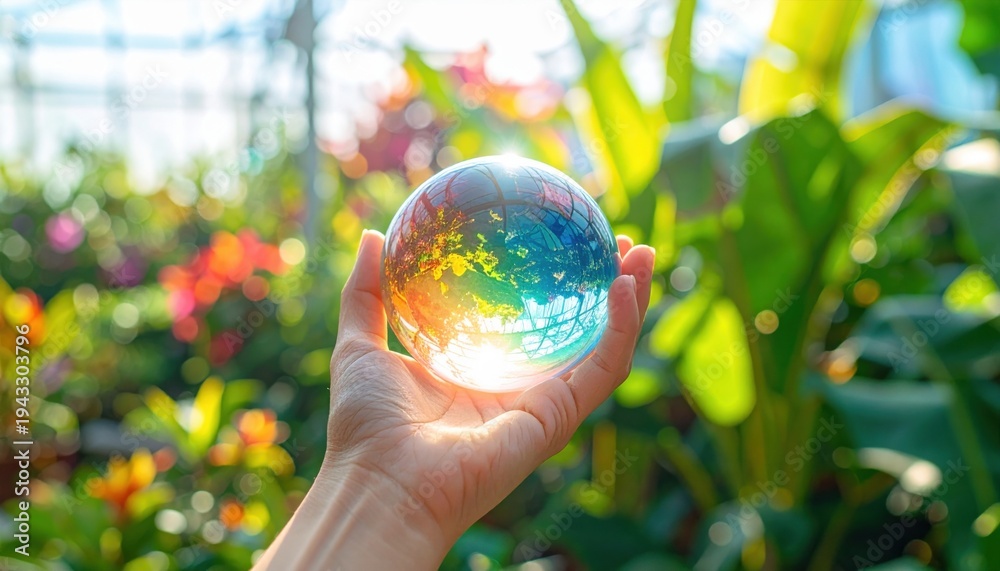 Obraz premium Hand holding a colorful crystal ball refracting sunlight with a blurry garden background