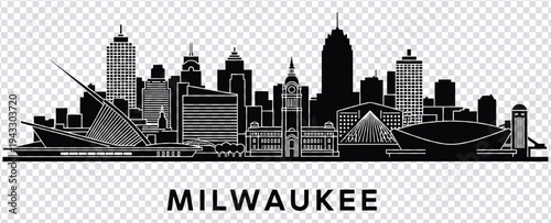 Black and white illustration of milwaukee city skyline with buildings and boats