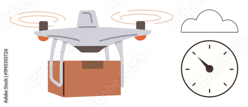 Logistics, delivery service, time management, innovation, technology, transportation. A quadcopter carrying a package beside a cloud and clock. Logistics and delivery service innovation