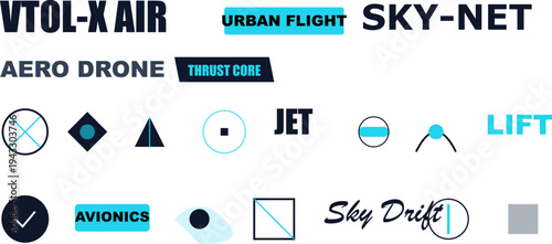 Abstract Vector Logos, Icons, Text for Future VTOL, Drone, Urban Air Mobility Technology Concepts.