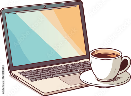 Flat Vector Illustration Featuring Open Laptop Computer Next To Hot Coffee Cup On Table Top Desk Scene Work From Home Remote Office Startup Culture Morning Workflow Graphic Design