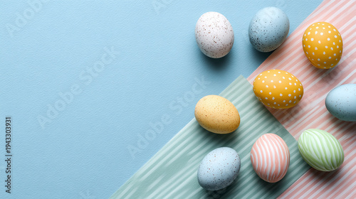 Colorful Easter eggs arranged on pastel striped and solid backgrounds with space for text.