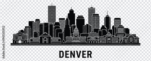 Black and white illustration of denver city skyline with buildings