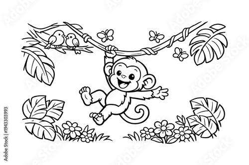 Baby monkey swinging happily from a jungle vine with large tropical leaves around, colorful flowers blooming