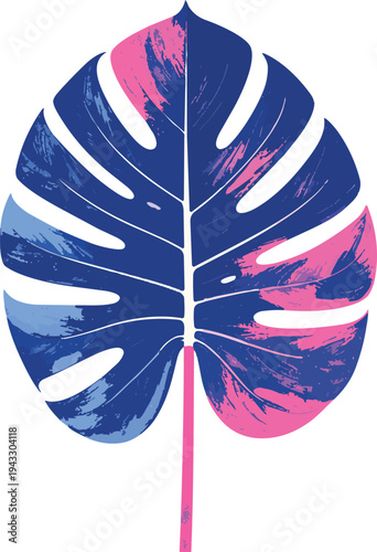 Vibrant Dual Tone Monstera Deliciosa Leaf Illustration with Retro Risograph Texture Grainy Electric Blue and Neon Pink Botanical Foliage Featuring Artistic Ink Bleed