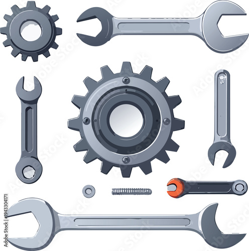 Industrial Gear and Wrench Tool Set Rendered with Soft-Body Physics Featuring Curvy Organic and Flexible Forms as Conceptual Flexible Manufacturing Adaptive Maintenance and Organic Mechanic Design Con