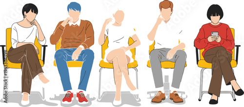 Set of diverse people waiting in chairs, collection of characters sitting in a row for interview or appointment flat vector illustration