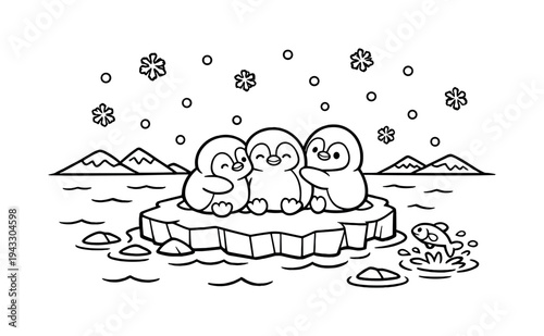 Penguin pals huddled on an iceberg beside a calm icy ocean with gentle waves, snowflakes falling softly, a small