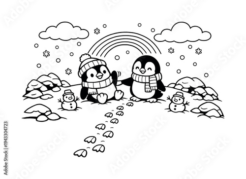 Penguin pals enjoying a gentle snowfall on a snowy hill with snow-covered rocks, small snowmen nearby, a rainbow