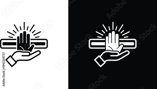 A hand holding a glowing tablet in front of a cross on contrasting black and white backgrounds