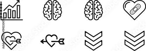 A collection of 8 icons representing business brain and heart concepts