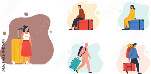Set of people traveling with suitcases, collection of characters sitting on luggage and walking with travel bags flat vector illustration