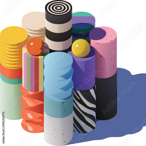 Creative 3D Abstract Geometric Composition with Textured Cylindrical Pillars and Vibrant Spheres