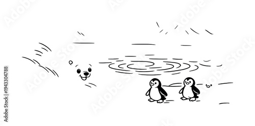 Polar bear cub sliding on icy snow near a frozen pond with gentle ripples, snow-covered rocks around, friendly