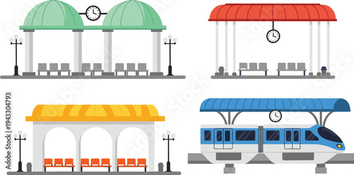 Set of modern public transport stations, collection of bus and train stops with benches, clocks and high speed train flat vector illustration