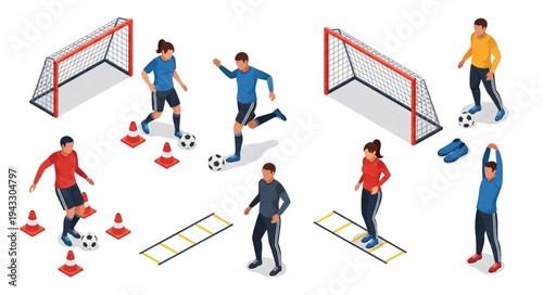 Soccer Players Training with Cones and Goals.