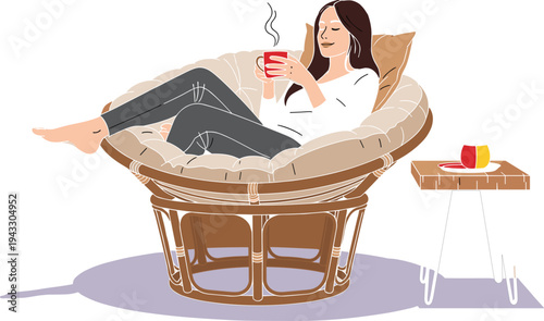 Young woman relaxing at home, character sitting in comfortable papasan chair and drinking hot coffee or tea flat vector illustration