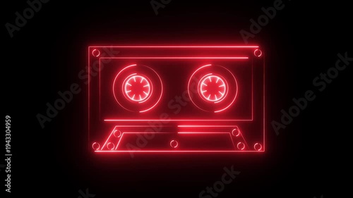 Neon glow lines animate around a retro audio cassette tape playing music or recording, seamless loop in red