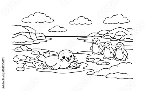 Seal pup playing on an icy shore with smooth rocks around, snow-covered patches nearby, friendly penguins