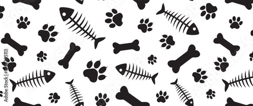 Dog and cat paw seamless pattern, pet foot print, fish bone silhouette background. Cute animal black doodle bg. Cartoon simple stamp set. Repeat vector illustration