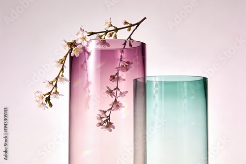 Glass vases with cherry blossom branches arranged on a light background during spring season