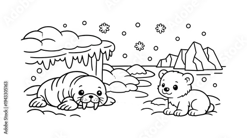 Cute cartoon walrus and polar bear cub in a snowy arctic landscape with icebergs