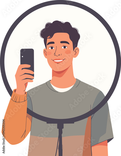 Professional Social Media Influencer Taking Mobile Selfie Portrait With Circular Ring Light Illumination Creating Bright Glowing Skin For Content Creation Beauty Blog Vlogging