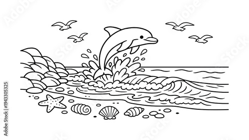Playful dolphin leaps from ocean waves near a rocky shore with seashells and seagulls flying