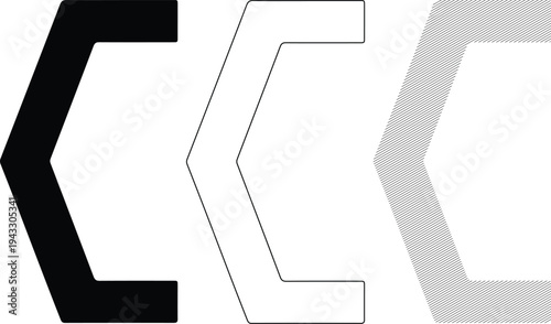 Three Chevron Shapes Black Outline and Striped Isolated on White Background