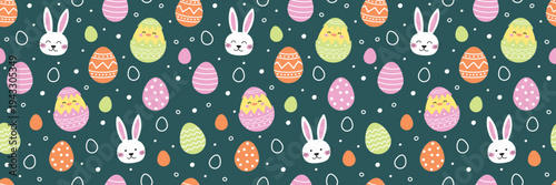 Easter seamless pattern with cute bunny, egg and chick. Collection. Colourful background in cartoon style. Vector illustration