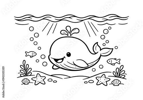 Cute cartoon whale swimming underwater with fish and starfish, perfect for kids