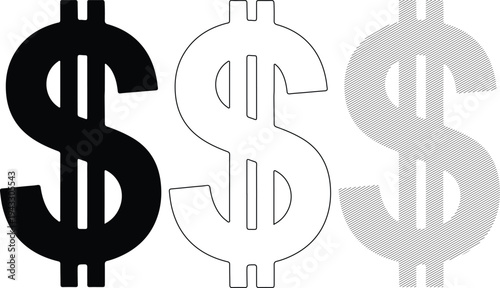 Three Dollar Signs Black White Gray Variations Financial Symbols Vector