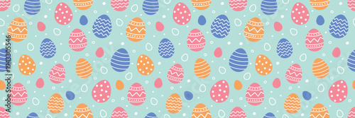 Easter seamless pattern with cute decorated eggs. Colourful background in cartoon style. Vector illustration.