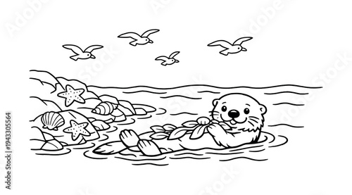 Sea otter playing with a floating piece of kelp near a rocky shoreline, starfish and seashells scattered on the