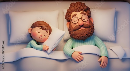 Adorable Dad and Kid Sleeping Peacefully Bedtime Cartoon Scene