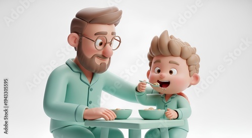 Adorable Dad and Child Eating Meal Stylized 3D Cartoon Illustration