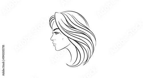 A black and white line drawing of a womans head in profile with long flowing hair