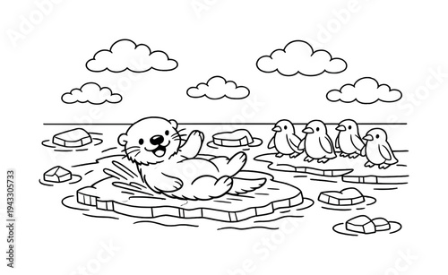 Cute cartoon otter floating on ice floe with penguins watching in the arctic