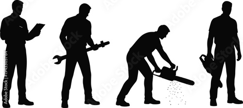 Industrial worker silhouettes set with tools including clipboard inspector, wrench mechanic, and chainsaw operator isolated on white background for construction concept