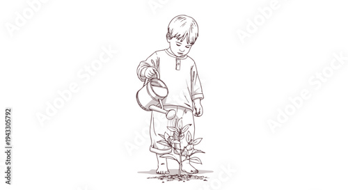 A young child holding a watering can and tending to a small plant with care and attention to detail in a simple line drawing