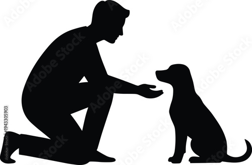 Silhouette of man kneeling and training loyal dog, human animal bonding, pet obedience training concept isolated on white background minimalist