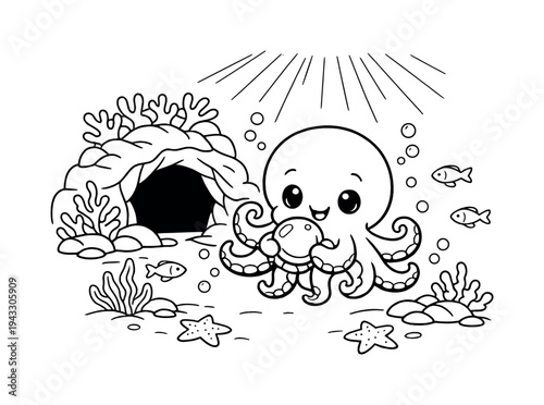 Octopus friend holding a shiny pearl while floating near a coral cave, bubbles rising around, tiny fish and