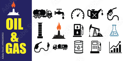 Oil and gas industry icons with refinery fuel pump and petroleum rig
