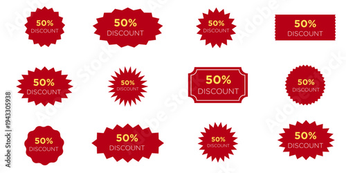 Set of Twelve Red and Gold 50 Percent Discount Starburst Badges in Mixed Shapes — Retail Sale Label Collection Isolated on White Background