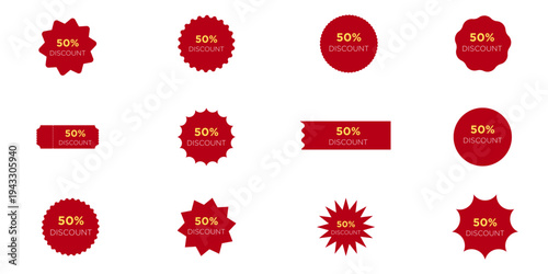 Collection of Twelve Crimson and Yellow Half Price Burst Shaped Stickers in Assorted Styles — Promotional Clearance Graphic Elements Isolated on White Background