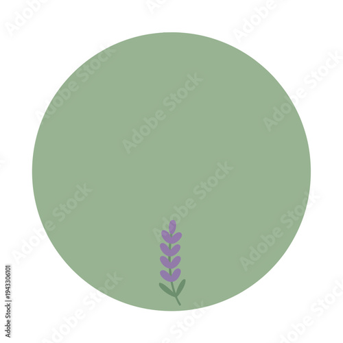A minimalist spring decorative badge featuring a small purple lavender flower on a sage green circular background with a clean white border, ideal for botanical label design or pastel
