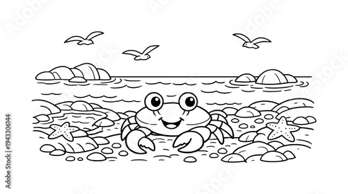 Cute cartoon crab on a rocky beach with seagulls flying overhead and starfish nearby