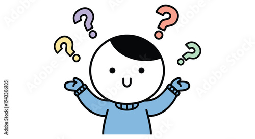 Adorable simple vector illustration of a confused child character surrounded by multiple colorful floating question marks symbolizing uncertainty or inquiry.