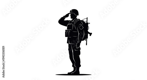 Soldier Saluting with Rifle and Backpack.